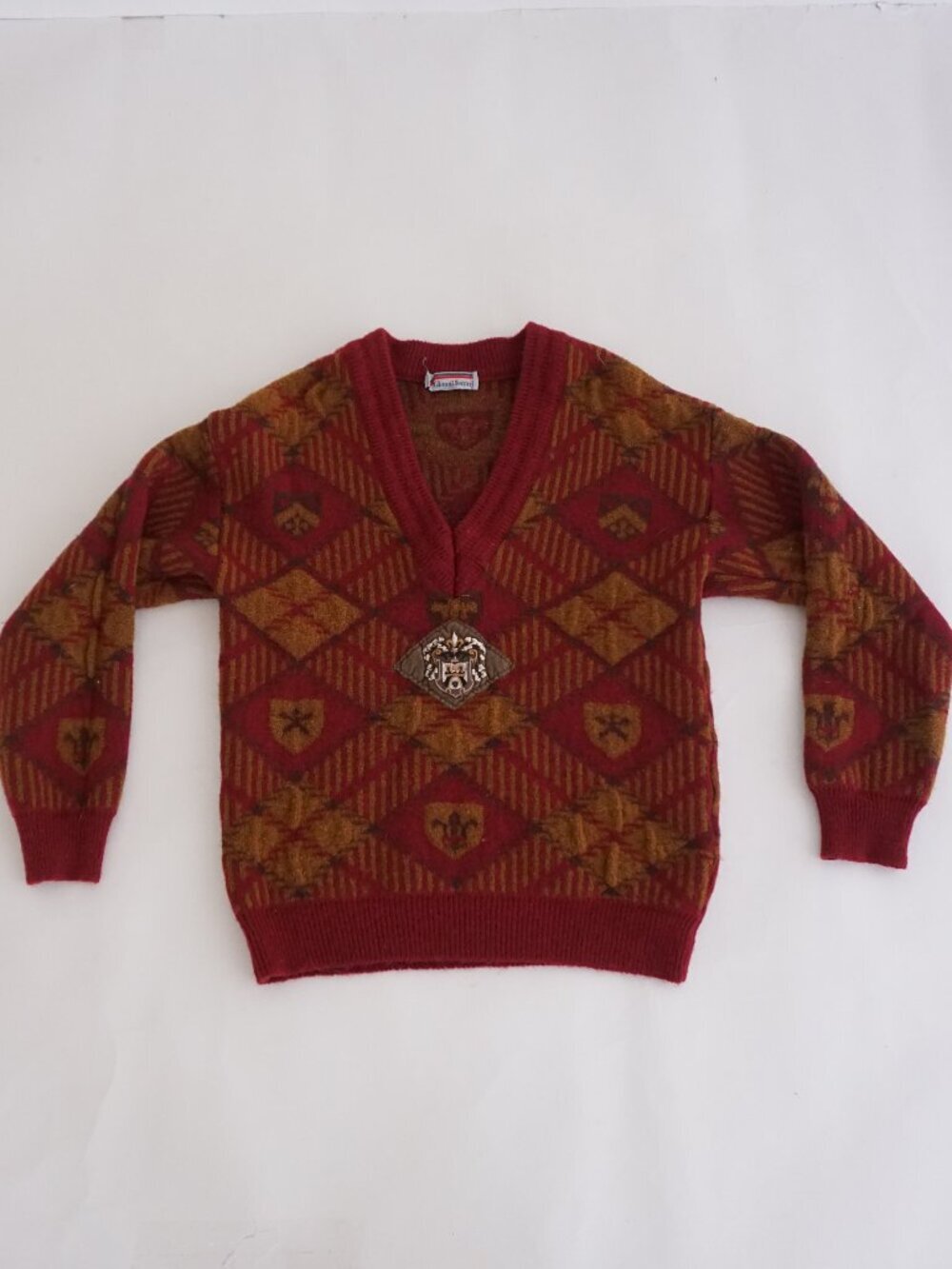 VTG Gianni Ferrari Red Brown Geometric Diamond Crest Knit Sweater Wool Blend M